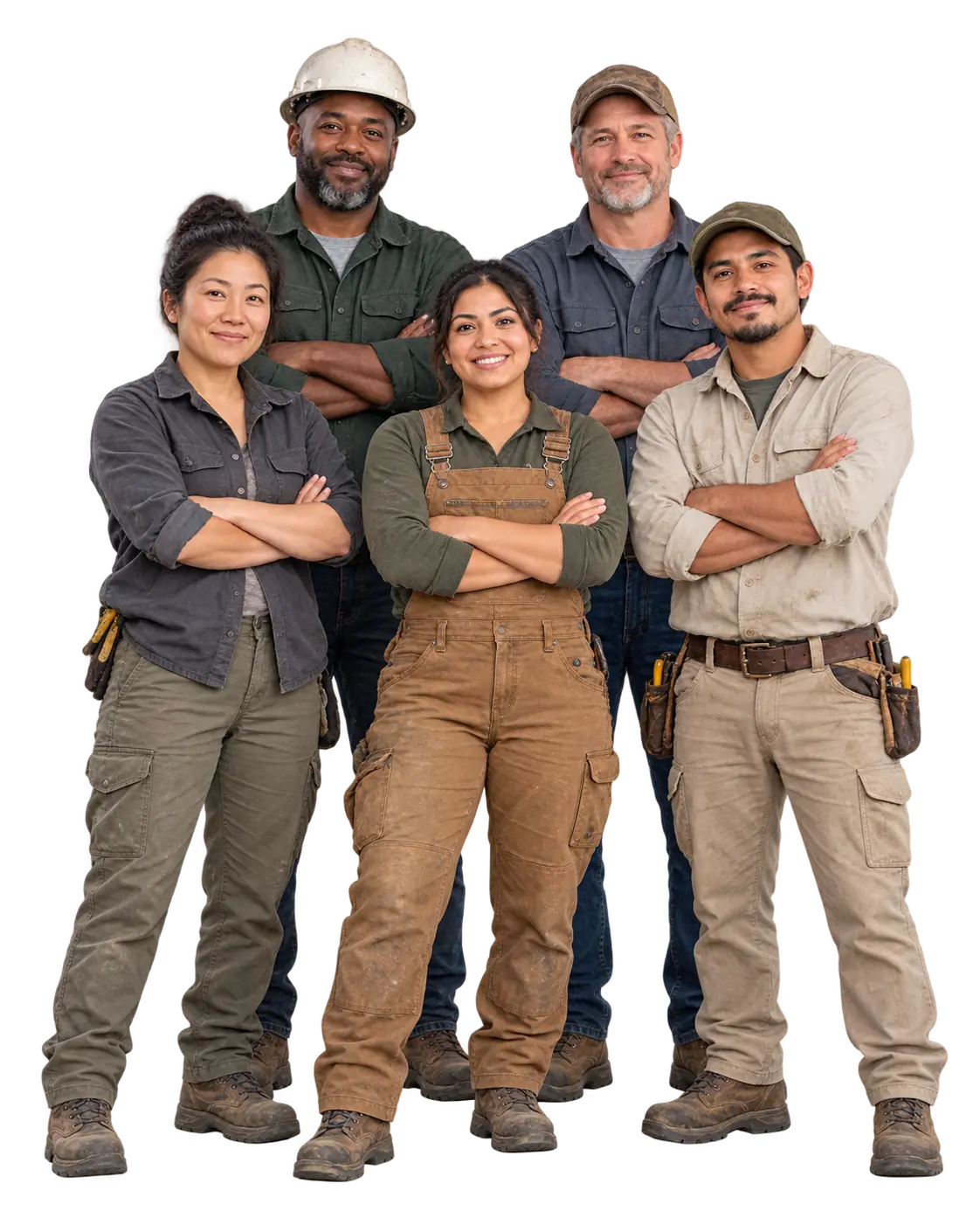Five trade workers of diverse backgrounds smiling with their arms crossed