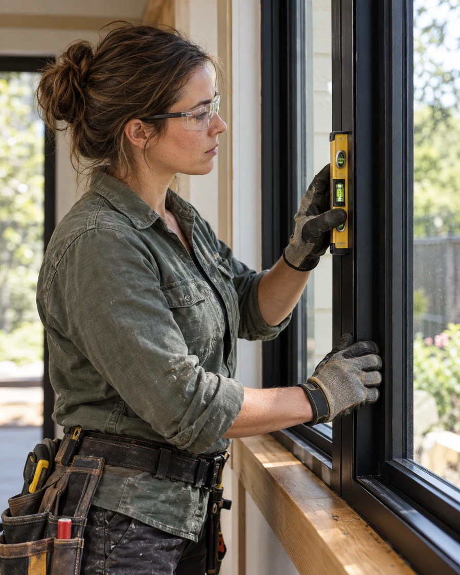 A tradeswoman installing a window at a sunlit job site